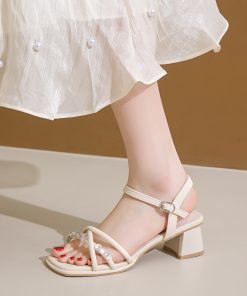 French gentle sandals for women in summer fairy style with skirt temperament rhinestones strap thick heel sandals