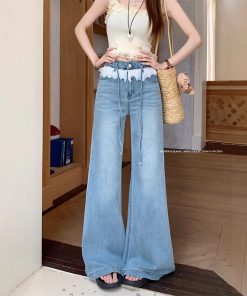 Real photo of lace lace design and slightly flare jeans for women in summer high waist without legs loose wide-leg trousers
