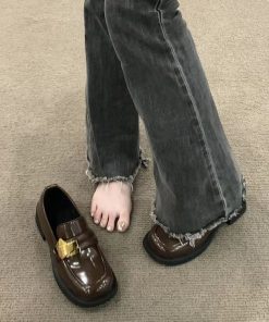 French leather shoes for women retro British style black shoes for spring shallow mouth thick high heels