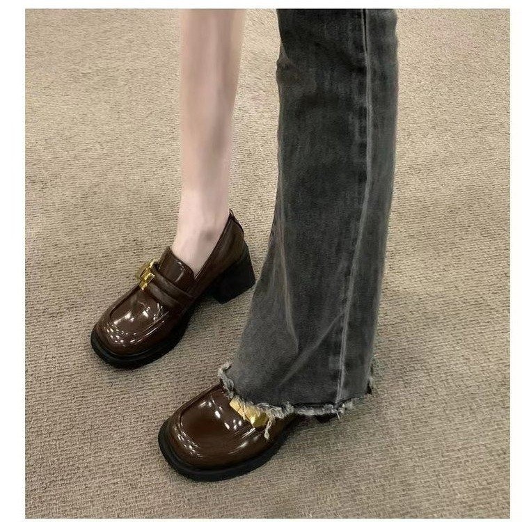 French leather shoes for women retro British style black shoes for spring shallow mouth thick high heels - Image 4