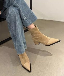 French slim elastic short boots for women in autumn and winter small fragrance style pointed toe thick heel thin boots for women high heels