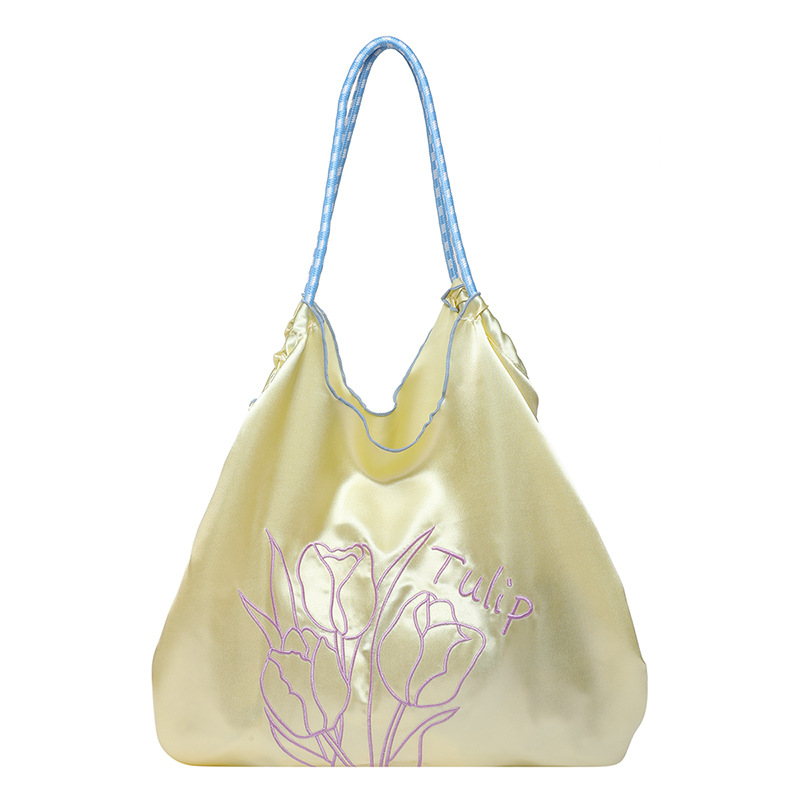 Premium Dopamine Satin Drawstring Tote Bag Cream Tulip Embroidered Commuter Shoulder Bag - Image 12