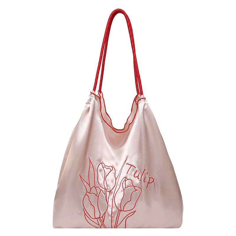 Premium Dopamine Satin Drawstring Tote Bag Cream Tulip Embroidered Commuter Shoulder Bag - Image 5