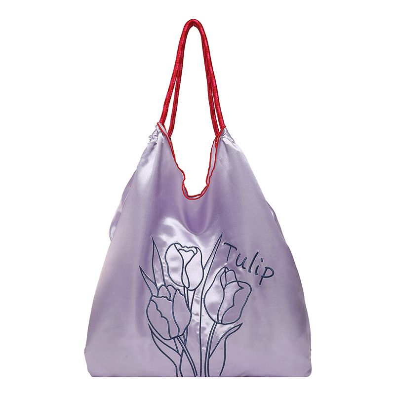 Premium Dopamine Satin Drawstring Tote Bag Cream Tulip Embroidered Commuter Shoulder Bag - Image 8