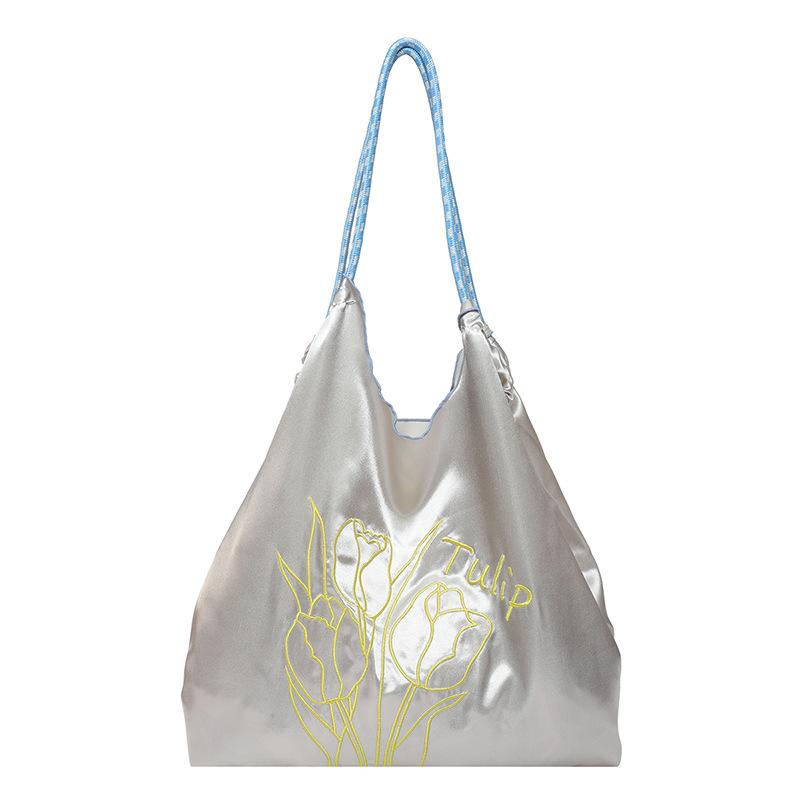 Premium Dopamine Satin Drawstring Tote Bag Cream Tulip Embroidered Commuter Shoulder Bag - Image 10