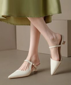 French lychee pattern slim heel bag sandals for women in summer, pointy toe outside cat heel half slippers sandals