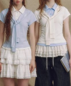 Designer brand fake two-piece navy neck shawl short-sleeved shirt for women short waist slim contrasting top