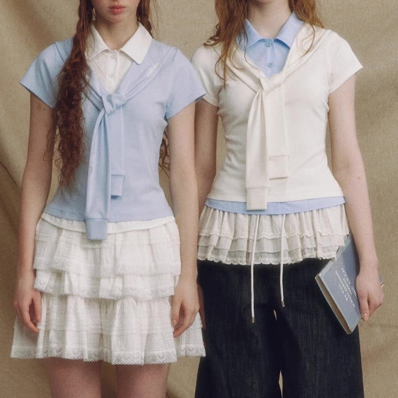 Designer brand fake two-piece navy neck shawl short-sleeved shirt for women short waist slim contrasting top