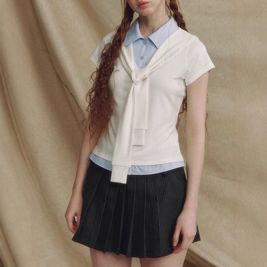 Designer brand fake two-piece navy neck shawl short-sleeved shirt for women short waist slim contrasting top - Image 3