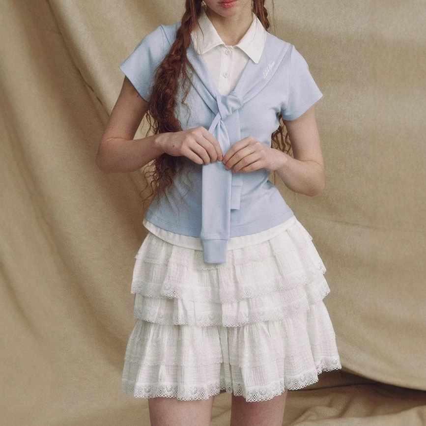 Designer brand fake two-piece navy neck shawl short-sleeved shirt for women short waist slim contrasting top - Image 4