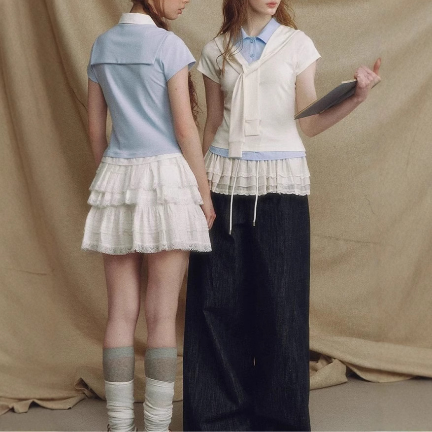 Designer brand fake two-piece navy neck shawl short-sleeved shirt for women short waist slim contrasting top - Image 5