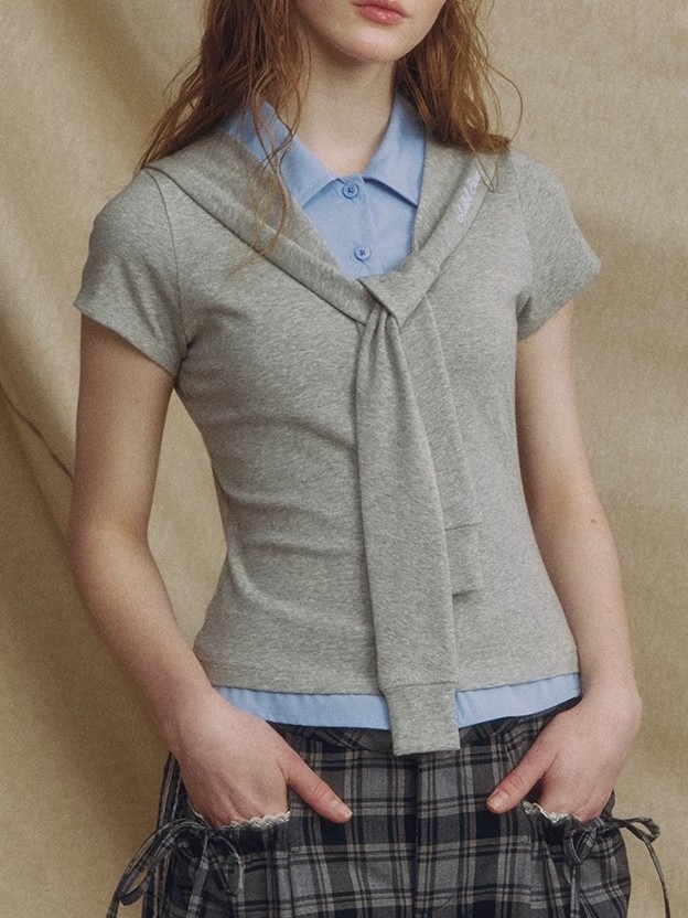 Designer brand fake two-piece navy neck shawl short-sleeved shirt for women short waist slim contrasting top - Image 6