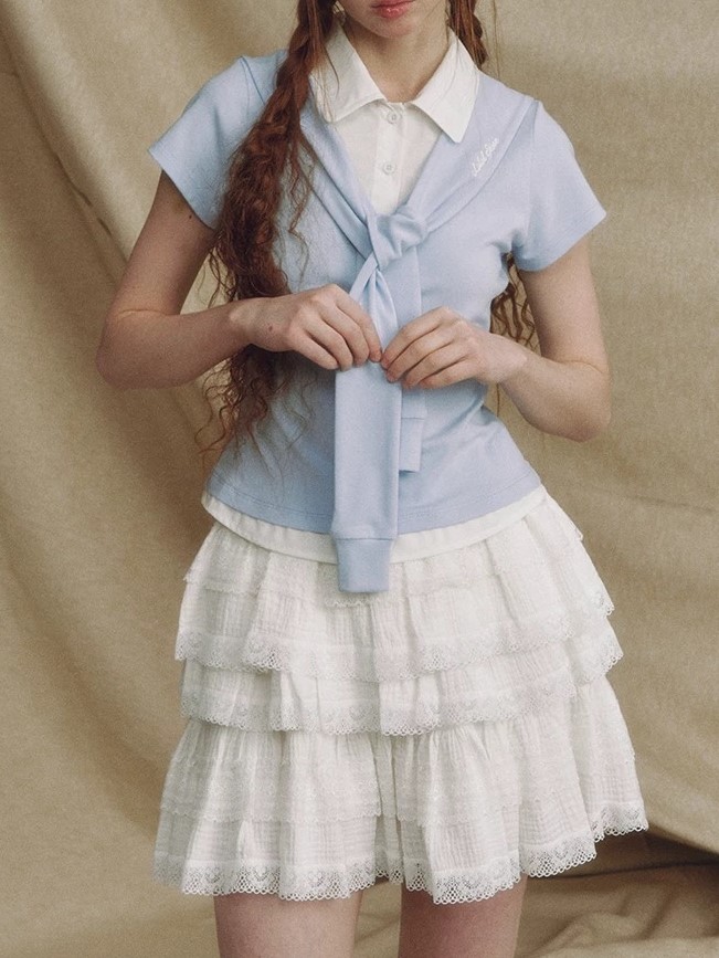 Designer brand fake two-piece navy neck shawl short-sleeved shirt for women short waist slim contrasting top - Image 9