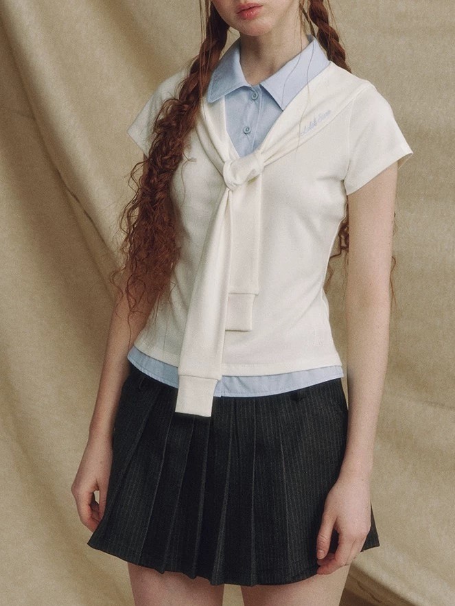 Designer brand fake two-piece navy neck shawl short-sleeved shirt for women short waist slim contrasting top - Image 10