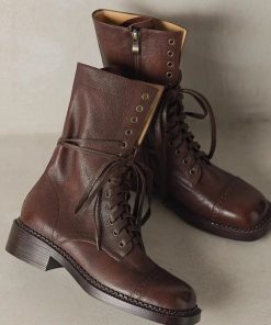 Retro British square-toe soft leather Martin boots for women's autumn short boots tied mid-tube knight western denim boots