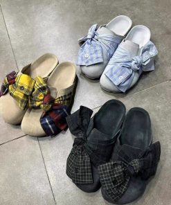 Retro denim plaid bow bag half slippers for women in summer wear lazy sandals