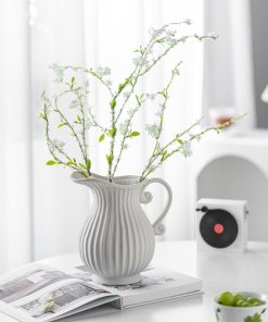 Retro wide-mouth striped ceramic vase high-end feeling small fresh simulated green plants fake flowers home decoration