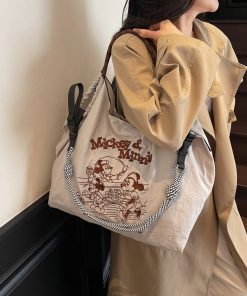 Casual literary canvas bag fashionable cartoon embroidered handbag large capacity Mickey shoulder bag women's bag