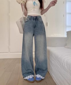 Real photo American retro lace splicing design wide-leg jeans women's high waist slim floor trousers spring