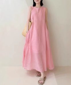 Homemade peach blossom skirt Summer temperament hides flesh and whites high-quality Korean numb loose dress
