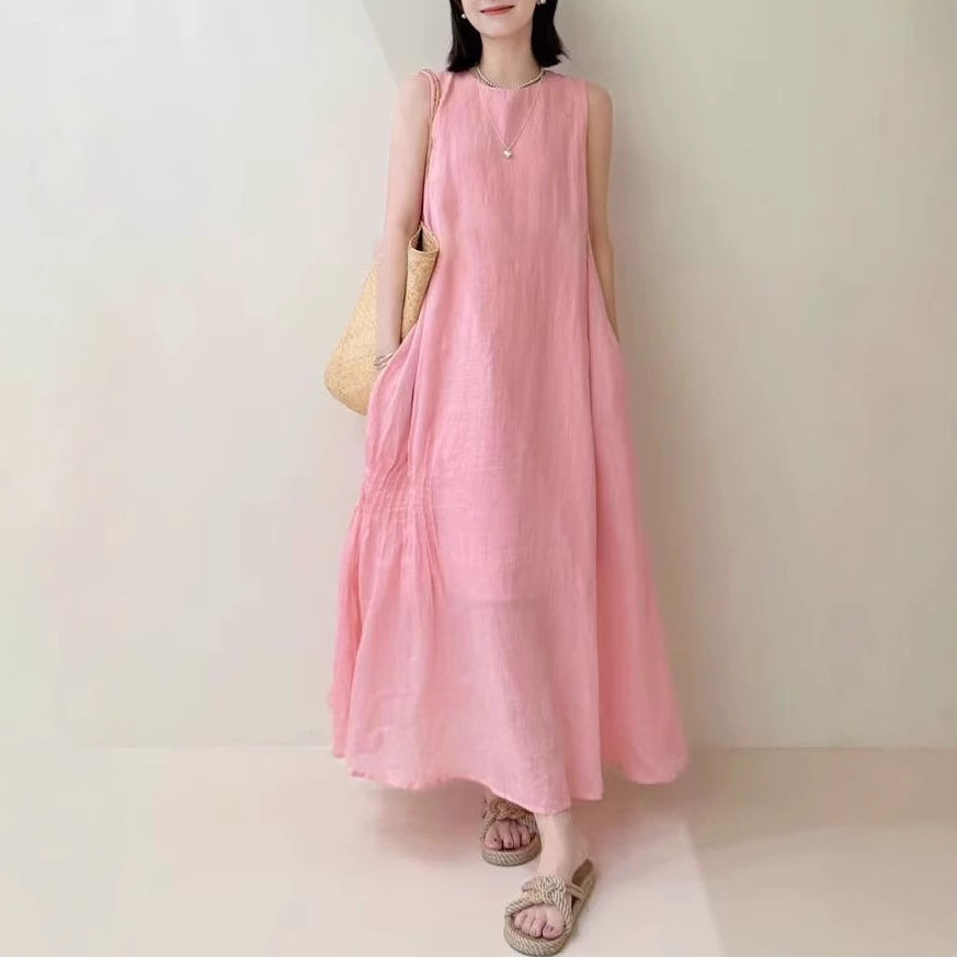 Homemade peach blossom skirt Summer temperament hides flesh and whites high-quality Korean numb loose dress