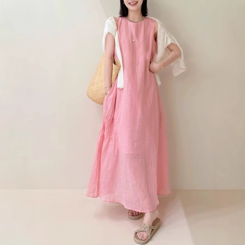 Homemade peach blossom skirt Summer temperament hides flesh and whites high-quality Korean numb loose dress - Image 2