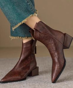 French retro soft leather western denim boots for women in autumn and winter slim medium thick heel Chelsea short boots