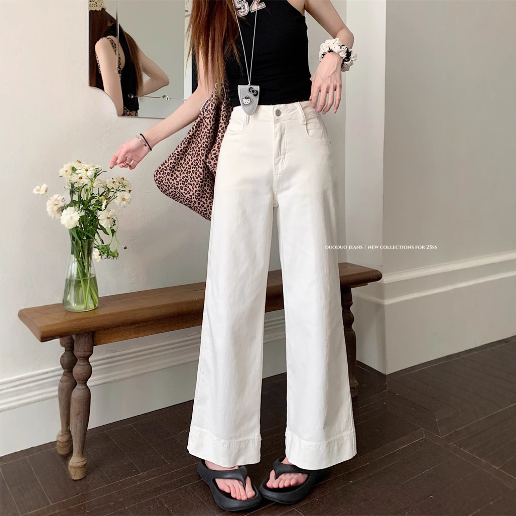 Real shot of blue elastic jeans for women in summer, high waist loose and slim, versatile cropped pants - Image 3