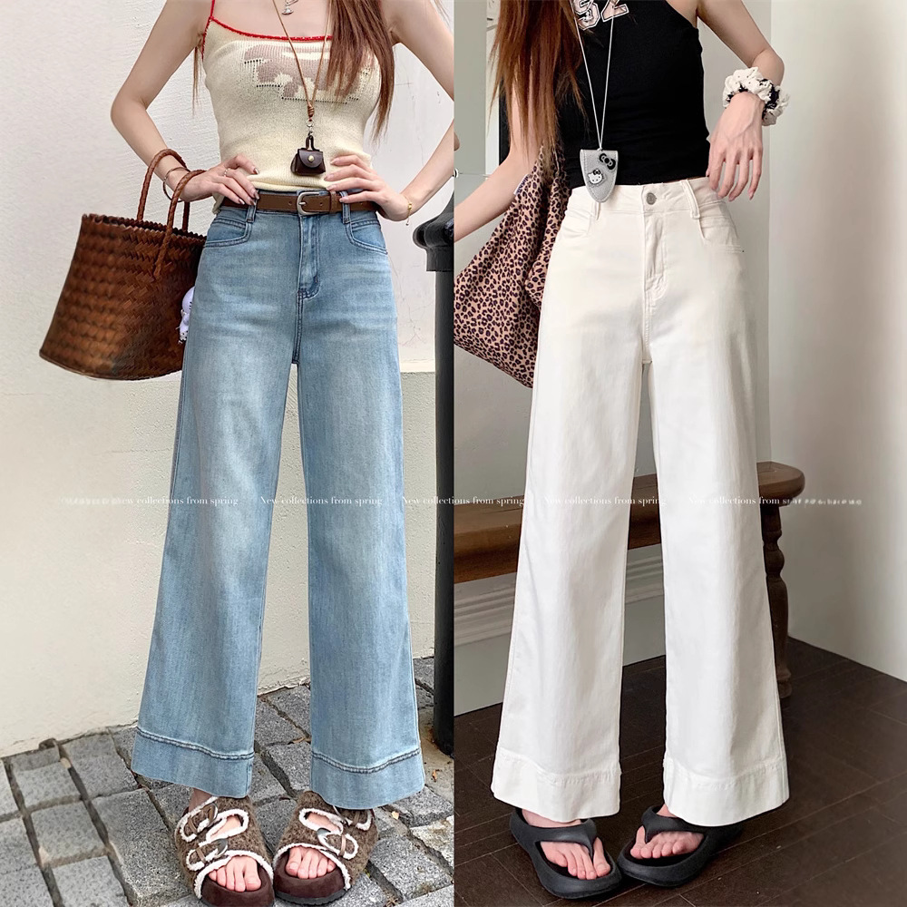 Real shot of blue elastic jeans for women in summer, high waist loose and slim, versatile cropped pants - Image 4