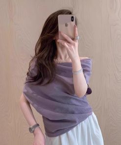 Purple top one shoulder short sleeves for women in summer irregular French large size atmosphere