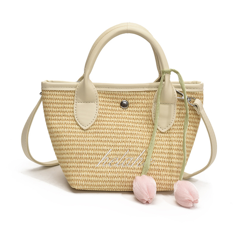 Fresh embroidered straw woven vegetable basket casual woven one-shoulder crossbody bag pastoral style parent-child hand-carrying beach bag - Image 11