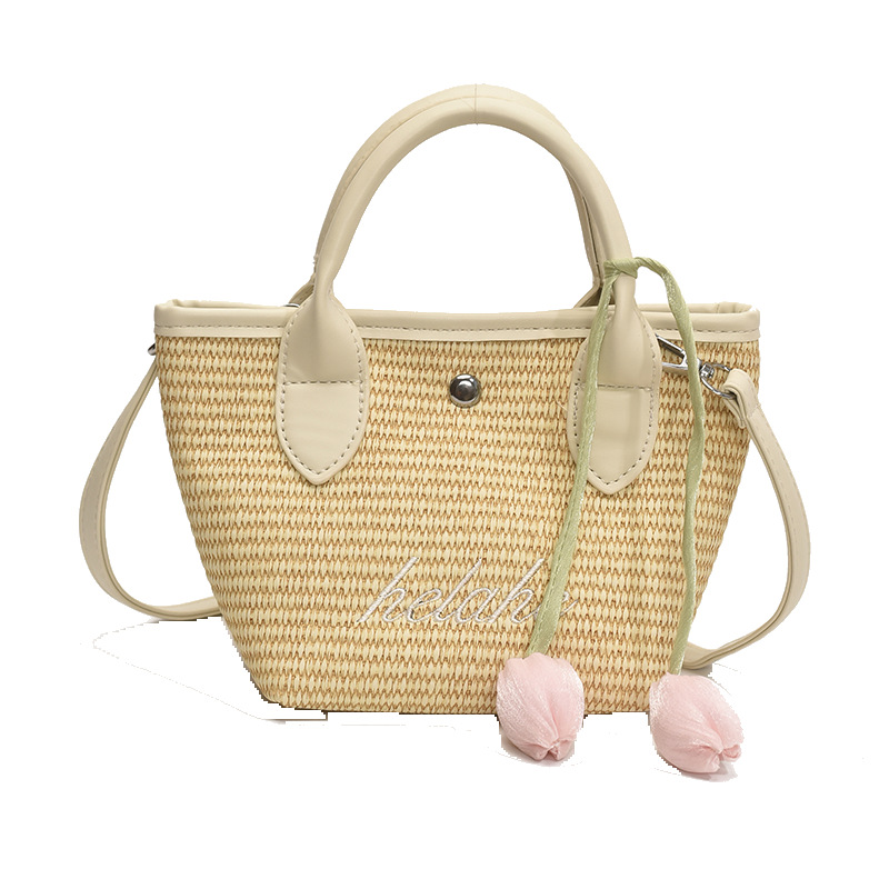 Fresh embroidered straw woven vegetable basket casual woven one-shoulder crossbody bag pastoral style parent-child hand-carrying beach bag - Image 5