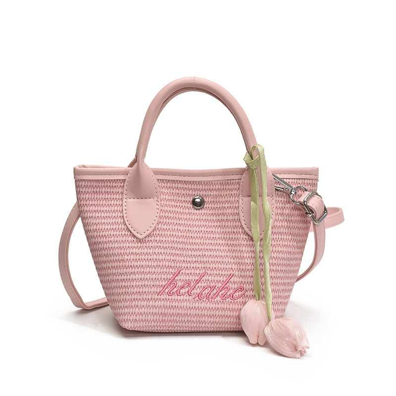 Fresh embroidered straw woven vegetable basket casual woven one-shoulder crossbody bag pastoral style parent-child hand-carrying beach bag - Image 7