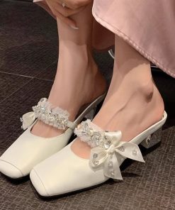 Beautiful rhinestone bow thick heel square-headed mules female fairy style half-wheeled French high-end sandals