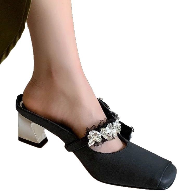 Beautiful rhinestone bow thick heel square-headed mules female fairy style half-wheeled French high-end sandals - Image 5