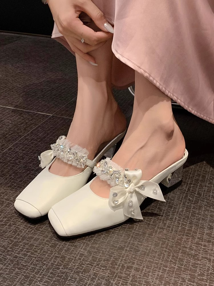 Beautiful rhinestone bow thick heel square-headed mules female fairy style half-wheeled French high-end sandals - Image 7