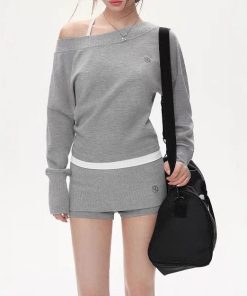 Original off-shoulder bat sleeve long-sleeved shirt for women fashion hoodies suit lazy temperament two-piece set