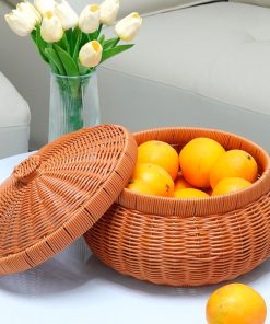 Imitation rattan fruit basket storage storage basket living room desktop snack candy basket with lid tea candy candy basket kitchen egg basket