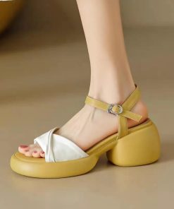 Summer color-blocked large round toe thick-soled thick heeled sandals for women with one-liner straps, open toe, waterproof platform high heels