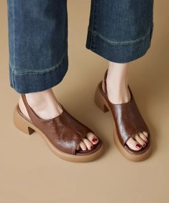 French simple style fish mouth sandals for women in spring and summer soft leather simple back tripping thick heels