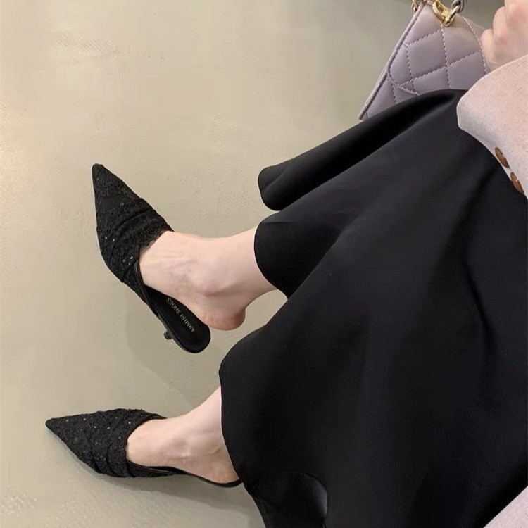 French pointed mesh half-slippers for women wearing lace temperament high-end sandals - Image 2