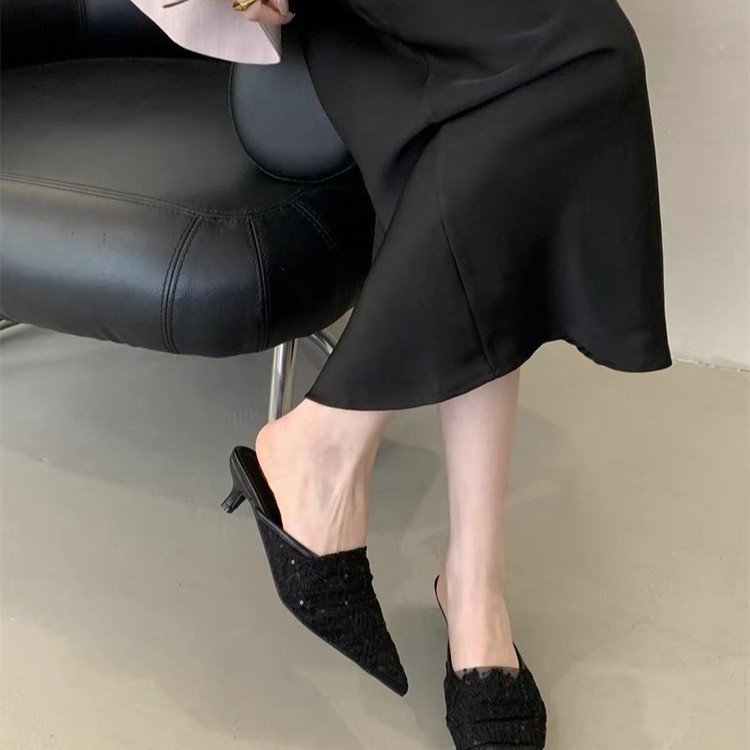 French pointed mesh half-slippers for women wearing lace temperament high-end sandals - Image 4