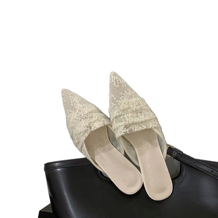 French pointed mesh half-slippers for women wearing lace temperament high-end sandals - Image 5