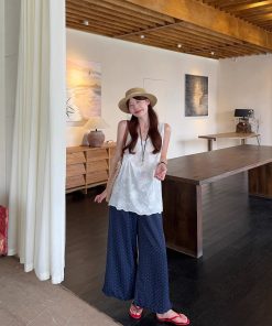 Real shot~Summer temperament lace neck hollow vest top + wide-leg pants for women