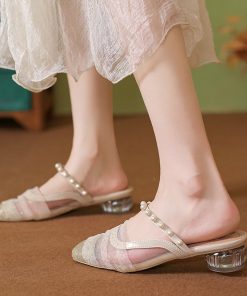 Pearl bag head half slippers for women in summer sandals thick heel French gentle mules for women
