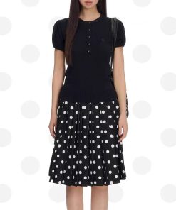 Black wool short-sleeved shirt love lock embroidery design spring and summer Henry collar waist-closing slim top for women