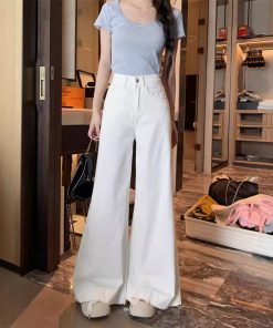 Real shot~ American retro blue flare jeans for women with high waist loose drooping wide-leg floor trousers