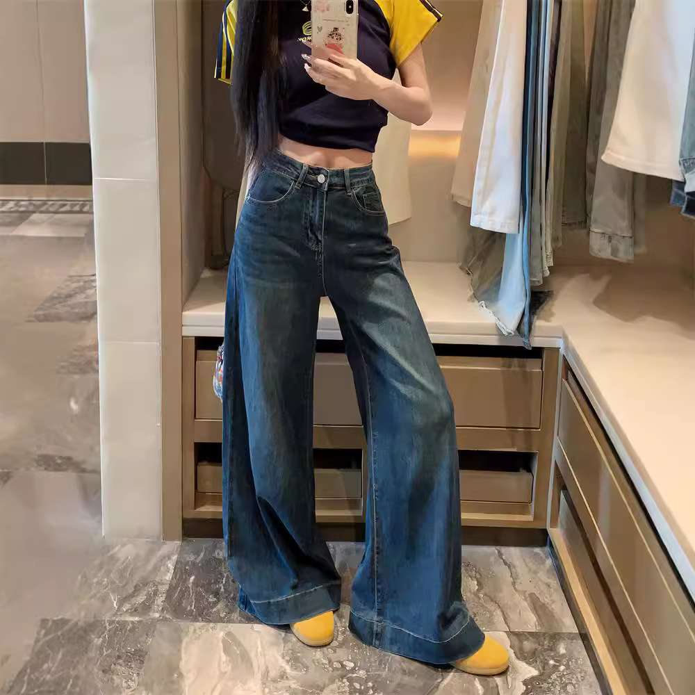 Real shot~ American retro blue flare jeans for women with high waist loose drooping wide-leg floor trousers - Image 2