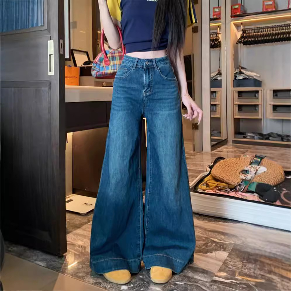 Real shot~ American retro blue flare jeans for women with high waist loose drooping wide-leg floor trousers - Image 3