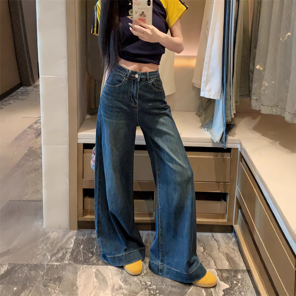 Real shot~ American retro blue flare jeans for women with high waist loose drooping wide-leg floor trousers - Image 5